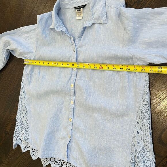 John Mark Top Women’s 0X Blue Button Up Linen Cotton Lace Back Roll Tab Sleeve - Picture 7 of 8